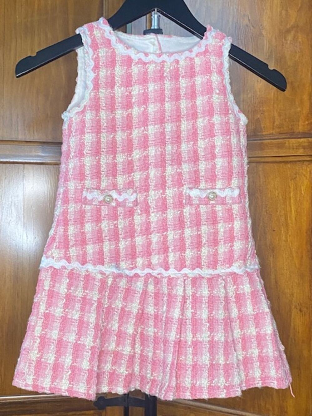 Badgley Mischka Girls Pink Tweed Drop Waist Dress Sleeveless Size 5 Pearl Trim